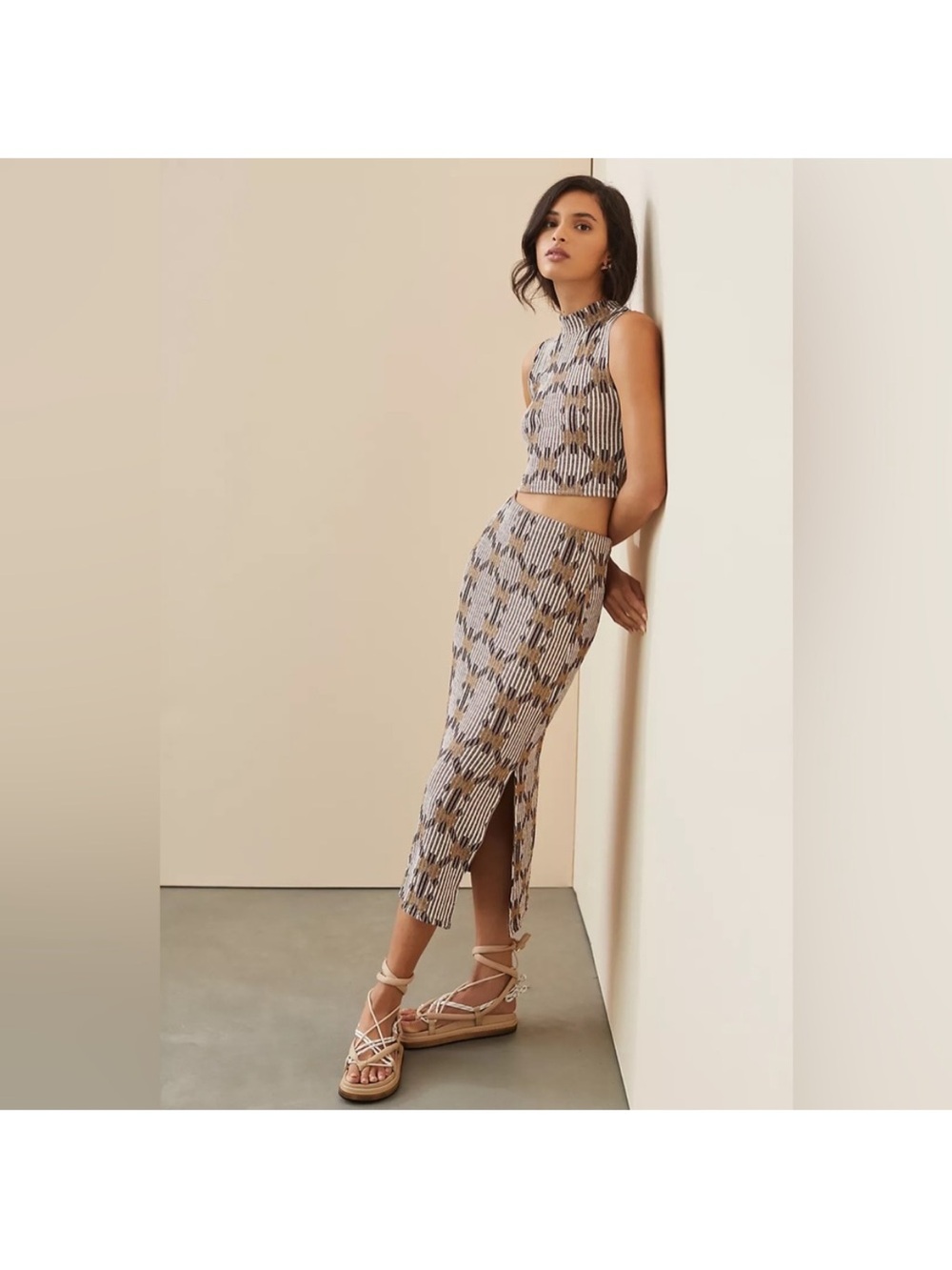 Anthropologie Jacquard Knit Crop Top Mock Neck Geometric Sleeveless Tank M
